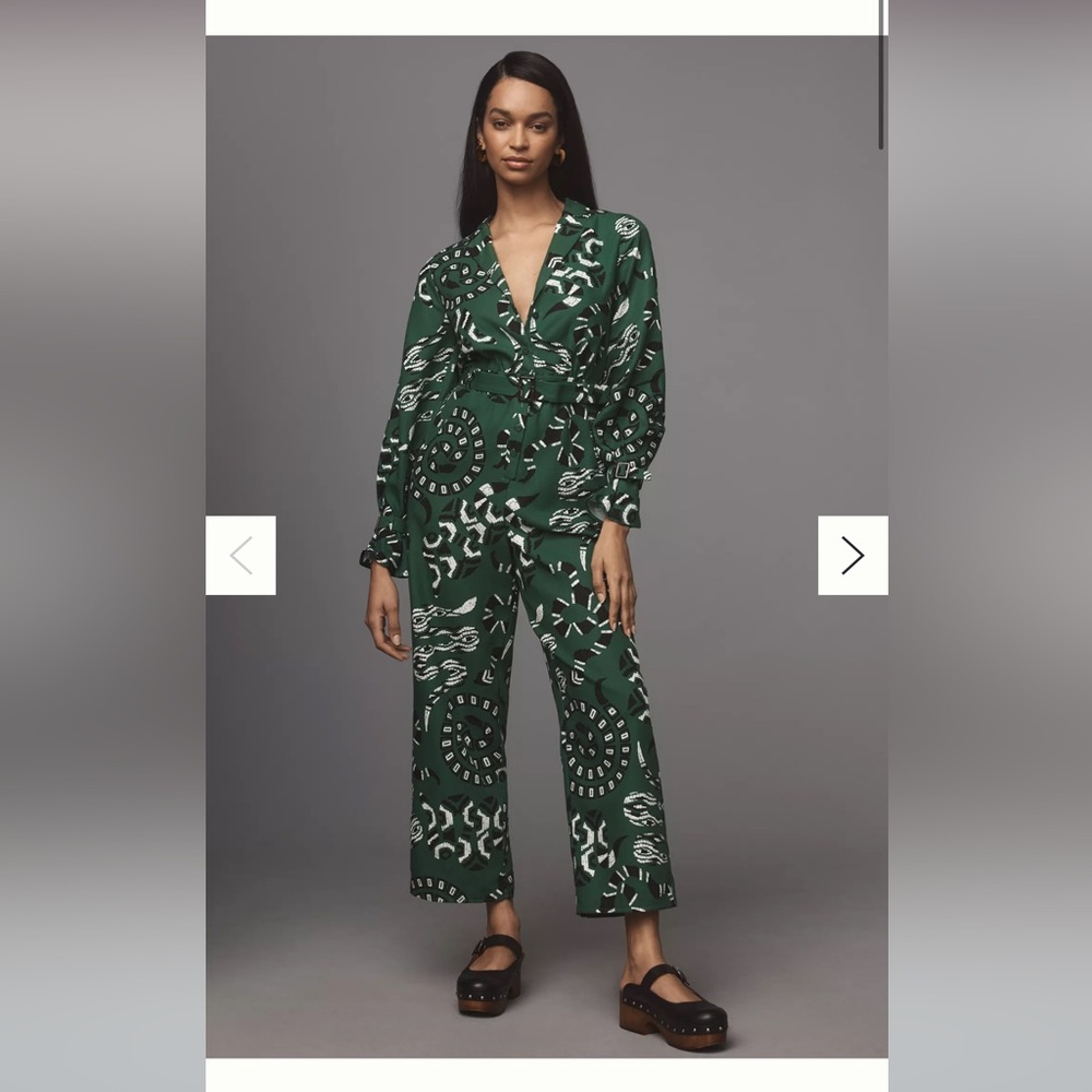 Farm Rio x Anthropologie Dark Green Patterned Jumpsuit